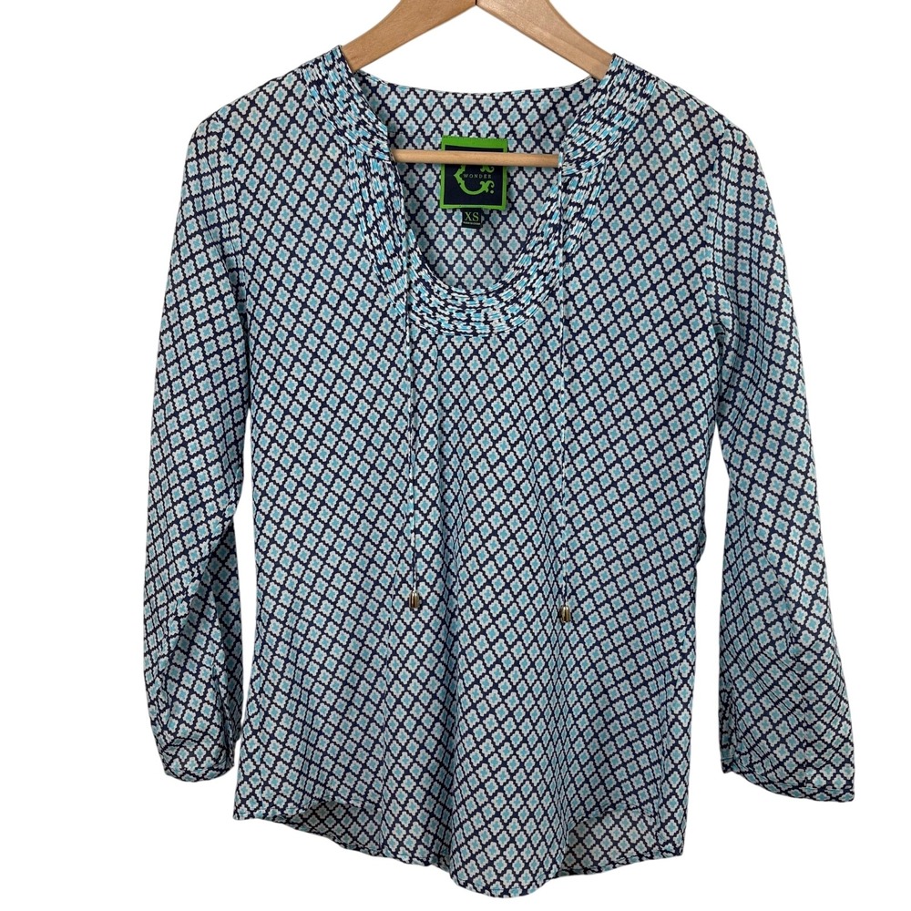 C Wonder Cotton Blouse Long-Sleeve Size XS/S Blue Turquoise Coastal Resortwear